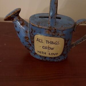 Blue Watering Can with Inspirational Quote Coin Bank